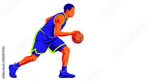 Athletic man dribbling basketball, dynamic motion, vibrant colors, isolated on white