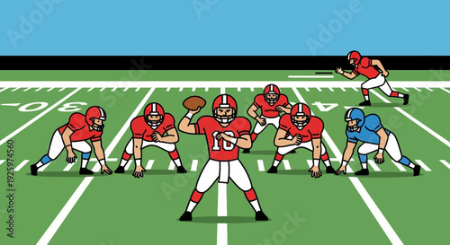 American Football Quarterback Throwing Pass During Game, Cartoon Style
