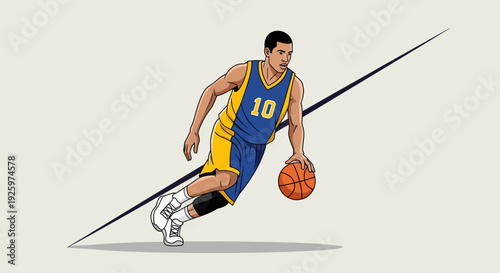 Basketball player dribbling ball, dynamic movement on light background, illustration