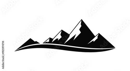 Stylized black and white graphic illustration depicting a silhouette range of sharp mountain peaks