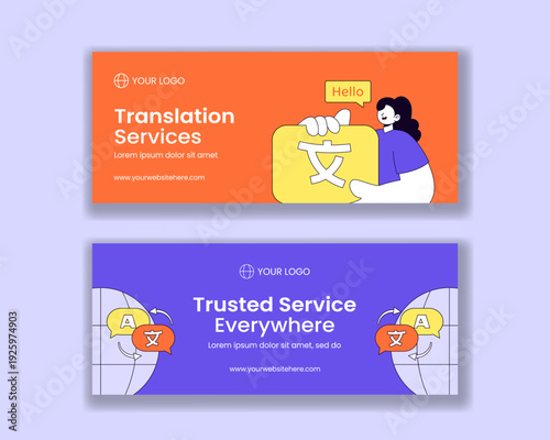 Translation Service Horizontal Banner Flat Cartoon Hand Drawn Background Illustration