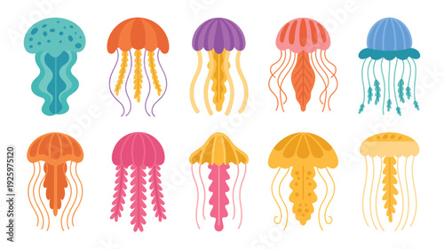 A collection of stylized jellyfish illustrations in various colors displayed together on a plain surface from a straightforward viewpoint