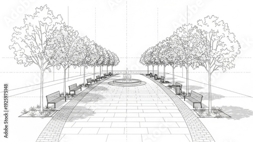 Detailed Perspective Sketch of a Grand Park Avenue Featuring Lush Trees, Seating, and a Central Fountain