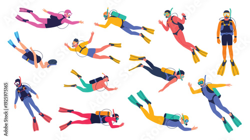 Scuba divers exploring underwater scene with colorful wetsuits and equipment in a stylized illustration