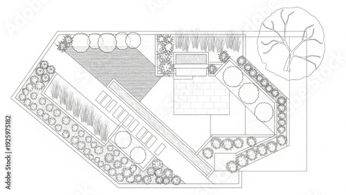 Detailed landscape blueprint showcasing a modern garden design layout plan for urban outdoor spaces