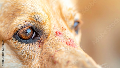 Close-up of a dogs eye and face showing skin irritation and red spots, possibly from allergies or insect bites.