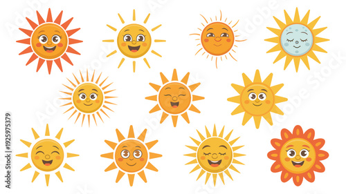 A collection of cartoon suns with different facial expressions in a scattered arrangement illustration