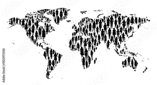 Black and white illustration of a world map made up of tiny people on a white background