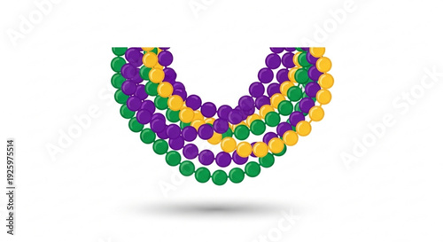 Vibrant mardi gras beads in purple green and yellow festive carnival jewelry on white background