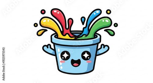 Cartoon paint bucket with colorful splashes and smiling face isolated on white background vibrant illustration