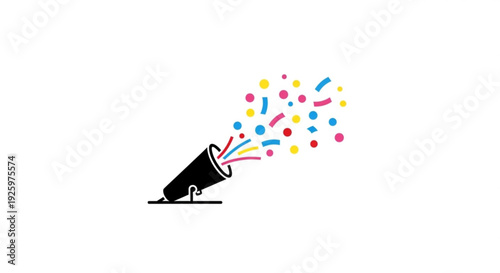 Colorful confetti exploding from a black party horn on white background celebration and joy