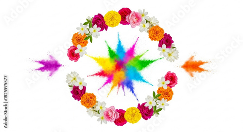 Colorful floral wreath with vibrant paint splatters and rainbow center on white background