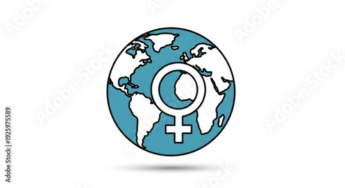 Global female empowerment symbol on a blue and white world map globe with a venus symbol
