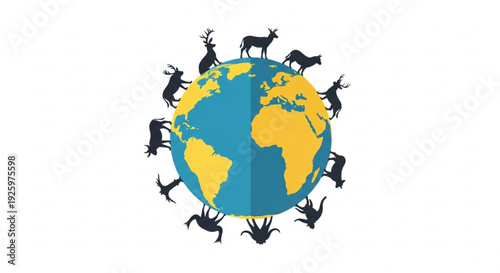 Earth with animals around it global wildlife concept with blue and yellow continents and black silhouettes of various species on white background