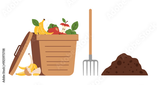 Illustration of a compost bin overflowing with food waste and a rake, with a pile of compost on the side. The scene highlights the process of composting with fresh fruit waste.