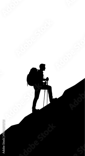 A silhouette of a hiker ascending a mountain with a backpack and trekking poles, symbolizing adventure and perseverance.