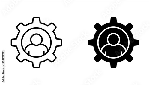 Set of account gear icons, vector symbols representing support staff roles, technical expertise, or user account settings. Illustrations on a white background.
