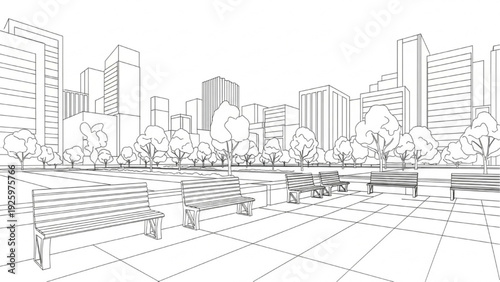 Architectural Sketch of a City Park with Benches and Buildings