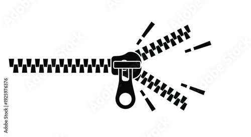 A stylized black and white vector illustration depicting an unzipping zipper, with its slider breaking apart the teeth, creating a dynamic graphic design element.