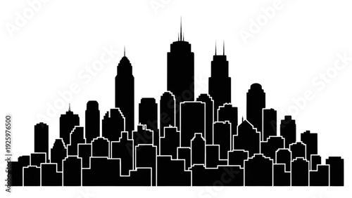 Cityscape silhouette of tall buildings and skyscrapers in black and white