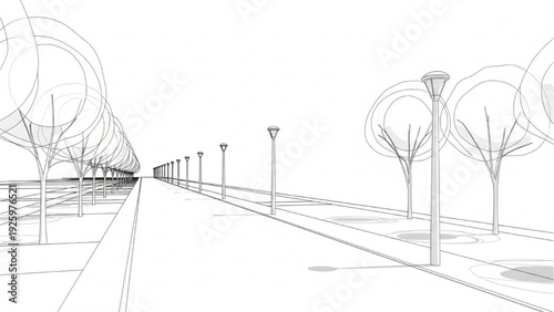 Abstract wireframe architectural sketch of a futuristic urban park with tree silhouettes and pathway lights