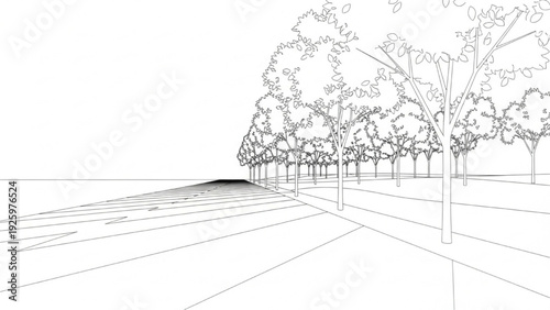 Architectural drawing of a tree-lined pathway casting shadows on a bright day