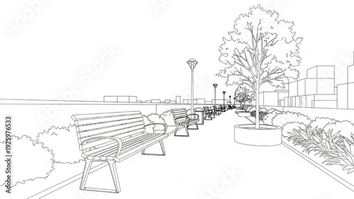Architectural line art sketch of a modern city park promenade with benches and trees, urban landscape concept design