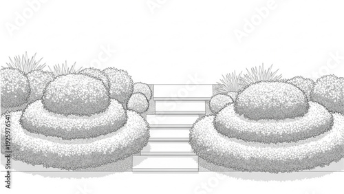 Stone steps flanked by manicured bushes and ornamental plants in a garden