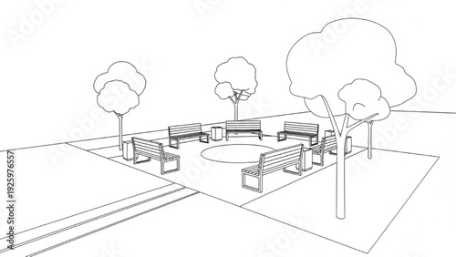 Outdoor public space with circular seating and trees, black and white sketch