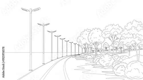 Detailed line art illustration of a serene park pathway with modern streetlights curving into the horizon