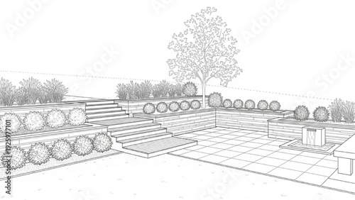 Monochrome architectural rendering of a contemporary garden design with tiered landscaping and patio area