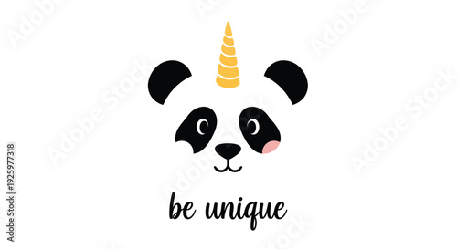 Cute vector illustration of a joyful panda bear face wearing a golden unicorn horn and encouraging message below
