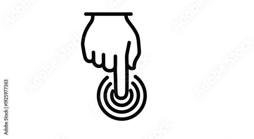 Simple black and white vector graphic illustration depicting a finger touching a screen initiating a circular ripple effect icon design element
