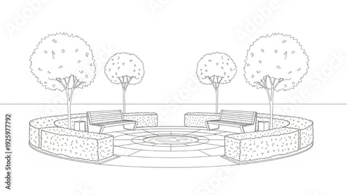Serene Garden Seating Area with Circular Design and Lush Greenery