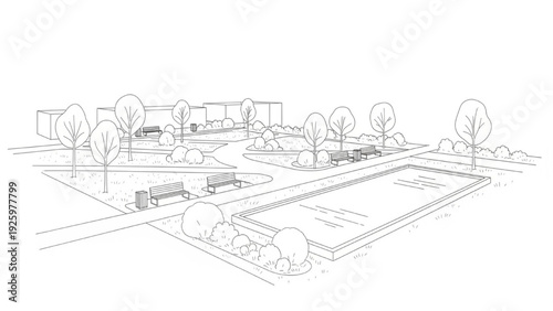 Architectural line art concept of a modern urban park with serene pathways and natural elements
