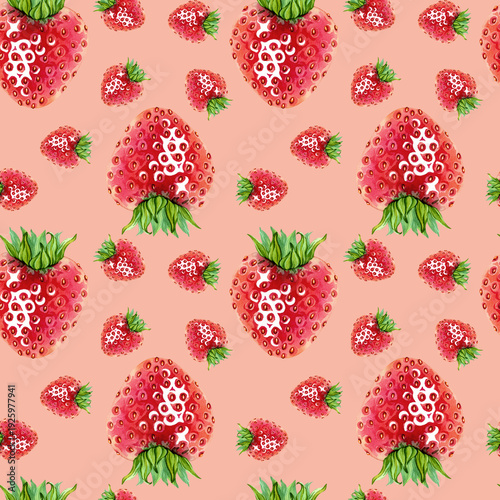 A seamless pattern for fabric or packaging featuring a juicy strawberries. A simple yet elegant endless, delicious fresh red berry with green leaves on top pattern. Hand drawn watercolor illustration