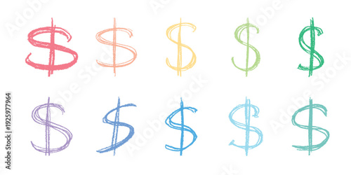 Set of hand drawn dollar currency symbol. Brush stroke doodle. Single element for design