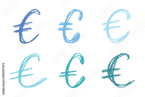 Set of hand drawn euro currency symbol. Brush stroke doodle. Single element for design