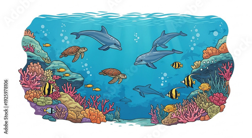 Vibrant ocean scene with dolphins sea turtles and tropical fish swimming near coral reef ecosystem