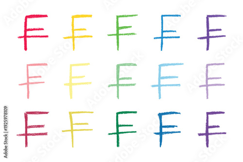 Set of hand drawn swiss franc currency symbol. Brush stroke doodle. Single element for design