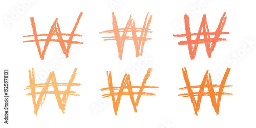 Set of hand drawn won currency symbol. Brush stroke doodle. Single element for design