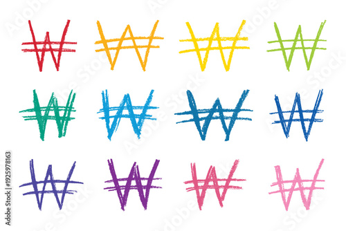 Set of hand drawn won currency symbol. Brush stroke doodle. Single element for design