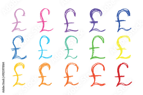 Set of hand drawn british pound currency symbol. Brush stroke doodle. Single element for design