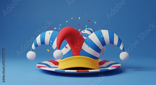 A colorful clown hat with a red nose and blue and white stripes
