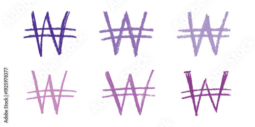 Set of hand drawn won currency symbol. Brush stroke doodle. Single element for design