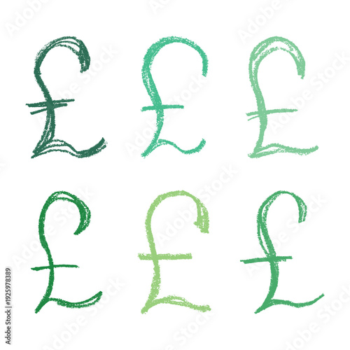 Set of hand drawn british pound currency symbol. Brush stroke doodle. Single element for design