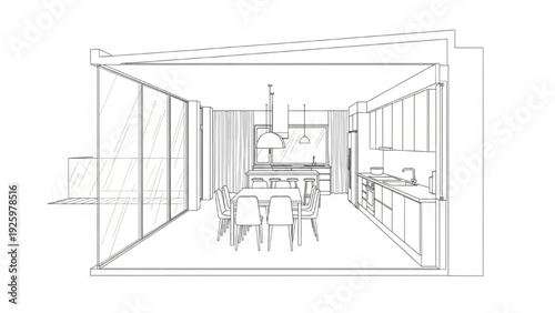 Architectural Drawing of a Modern Dining Room and Kitchen Area