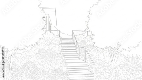 Outdoor staircase leading up to a modern building surrounded by lush greenery