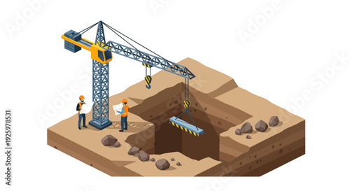 Isometric Construction Site with Crane and Workers Digging Trench.
