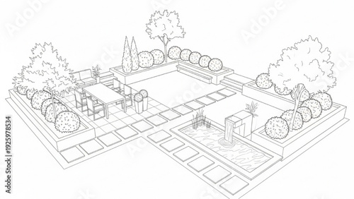 Modern garden design with patio, dining area, water feature, and lush greenery